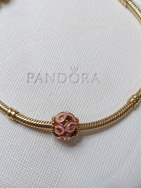 Pandora 14k Solid Gold Pink Enamel Ribbon Charm. This Listing is for one charm.